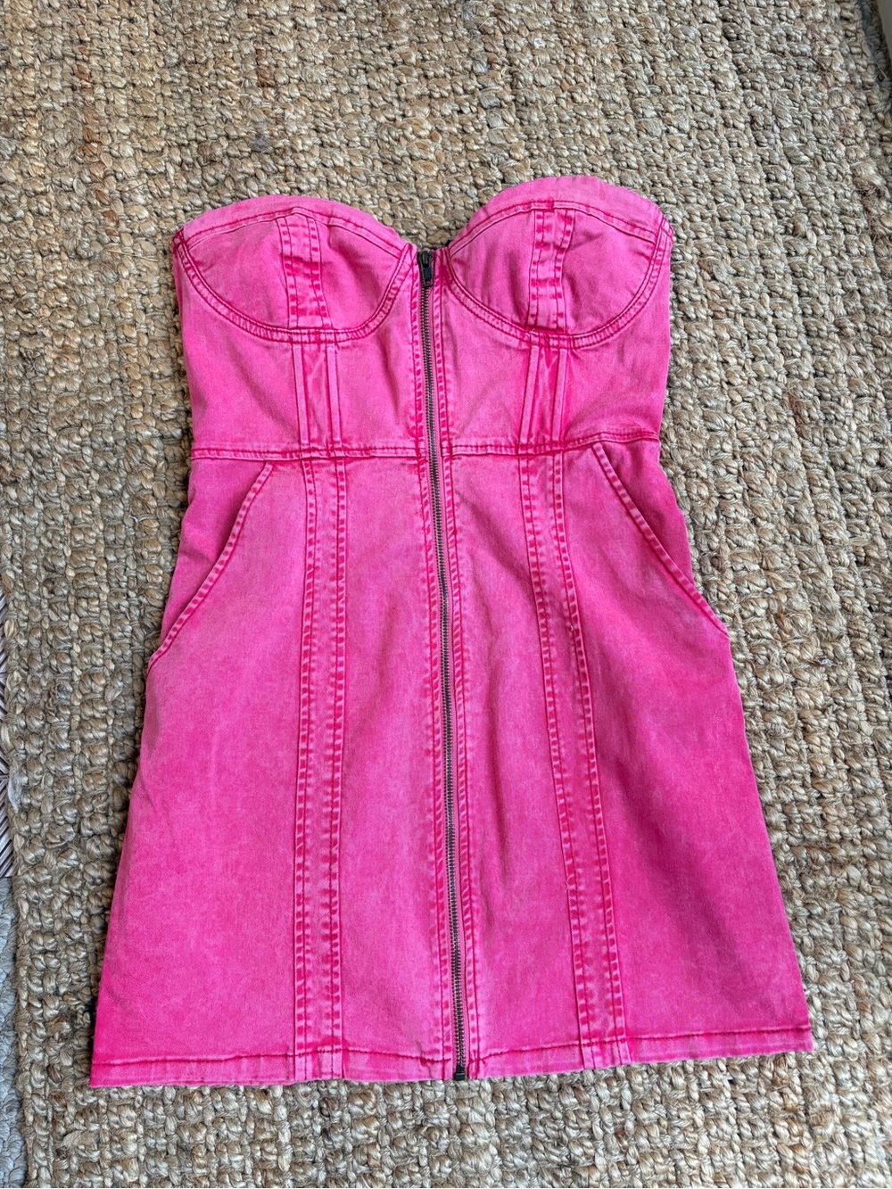 H&M Pink Divided Denim Strapless Mini Bodycon Dress